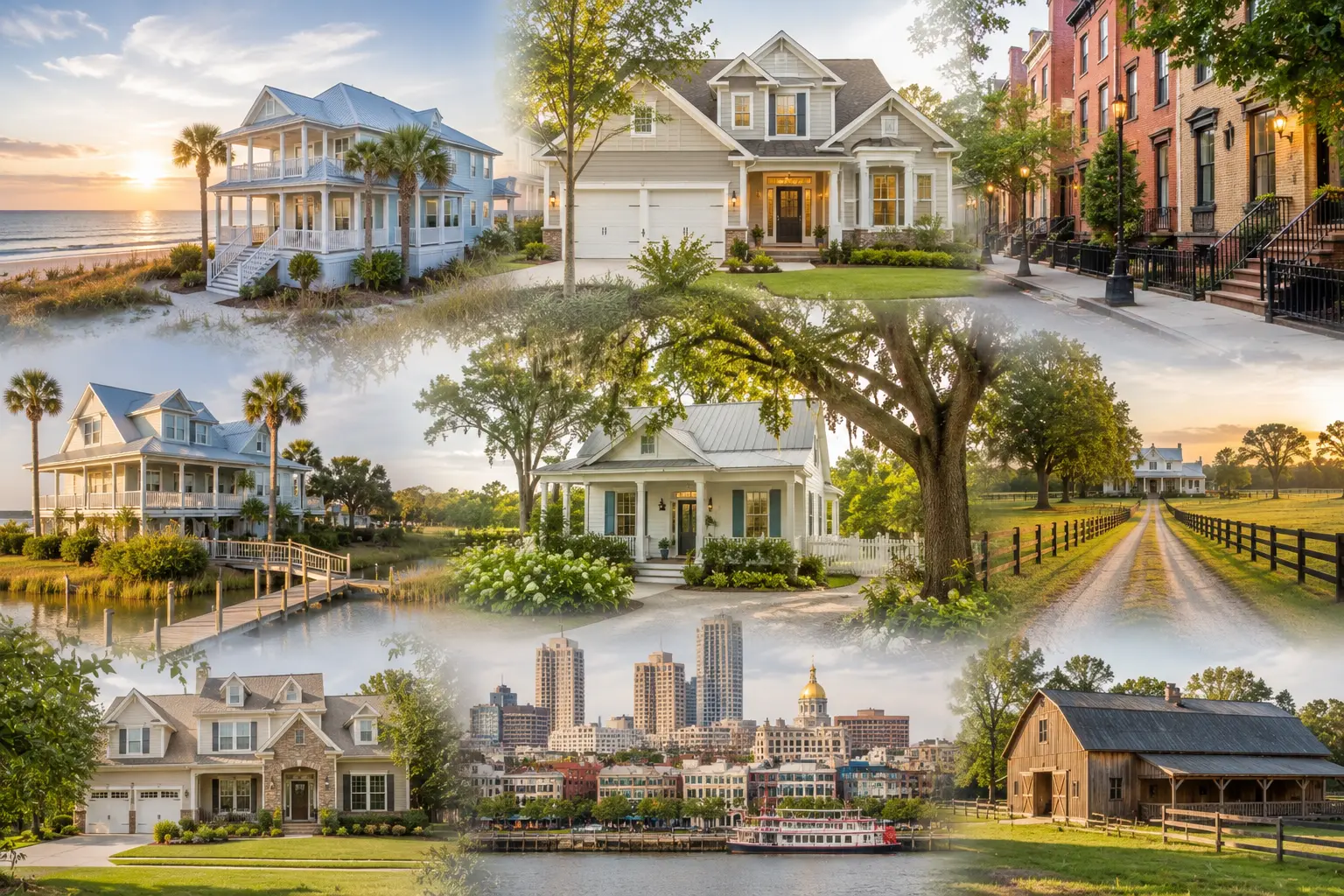 Collage of Coastal Georgia homes: beachfront cottages, craftsman houses, live oak lined farmland, and historic Savannah streets